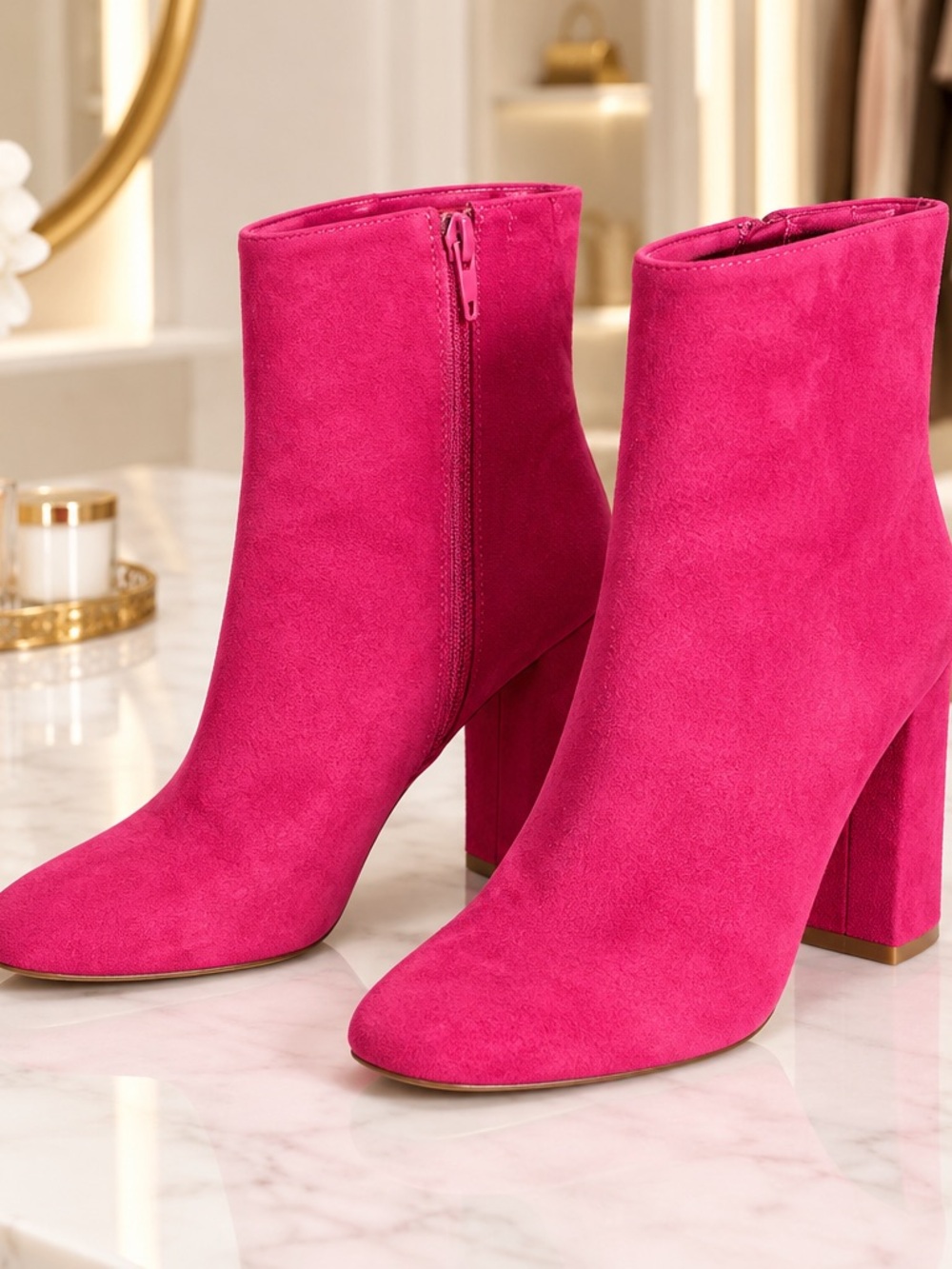 Jorya Hot Pink Faux Suede Square Toe Chunky Block Heel Ankle Boots Sz 7.5